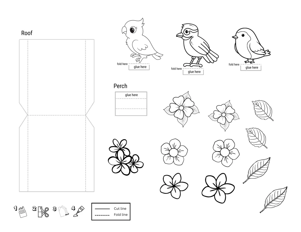 Birdhouse roof, perch, three birds, flowers and leaves to color and cut out; birds have fold-and-glue tabs
