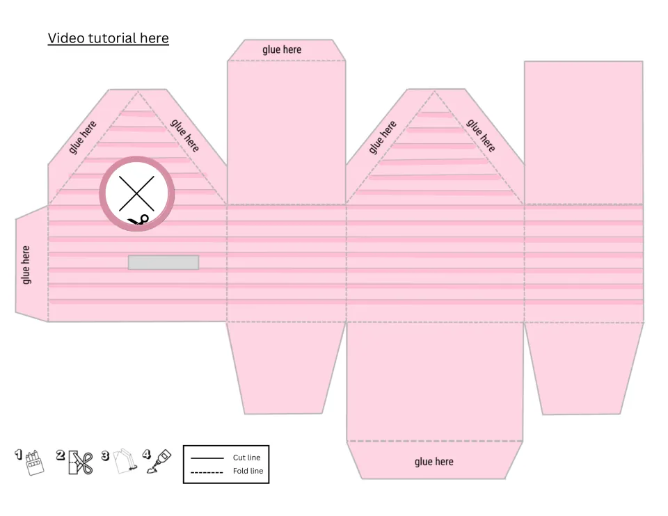 Pink striped birdhouse net, ready colored: students cut along solid lines, fold on dashes and glue tabs to form the house