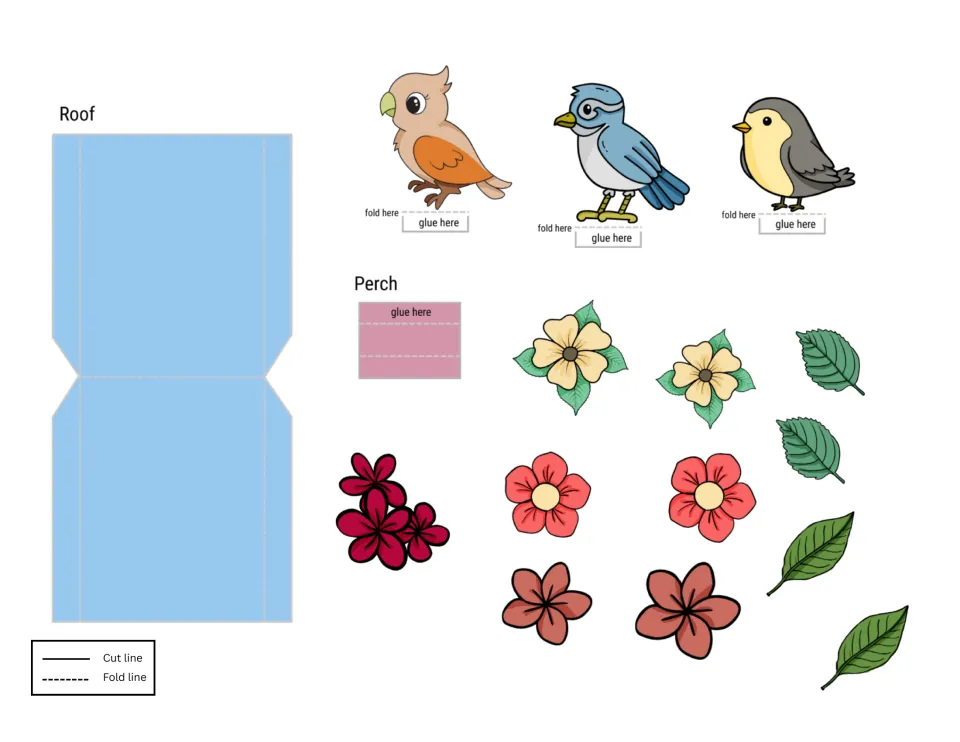 Full-color birdhouse roof, pink perch, three birds, flowers and leaves: students cut out and glue them onto the house