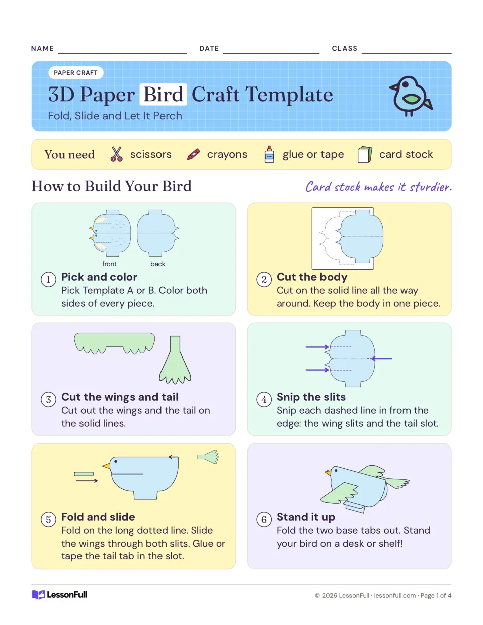 Bird craft instructions show six steps: color, cut the body, cut wings and tail, snip, fold, and stand.