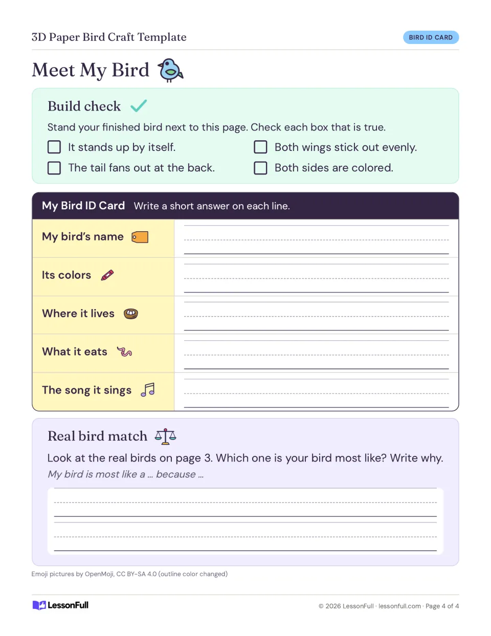 Meet My Bird includes a build checklist, an ID card for name, colors, home, food, and song, and a bird match.