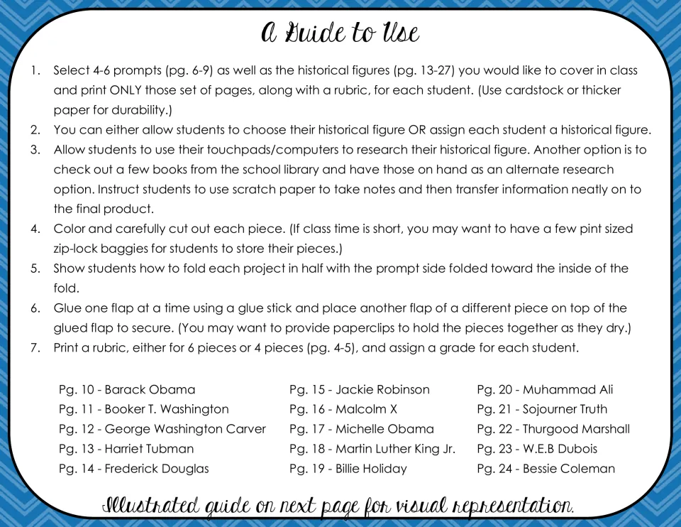 Black History ornament directions cover research, writing, cutting, folding, gluing, and rubric selection.