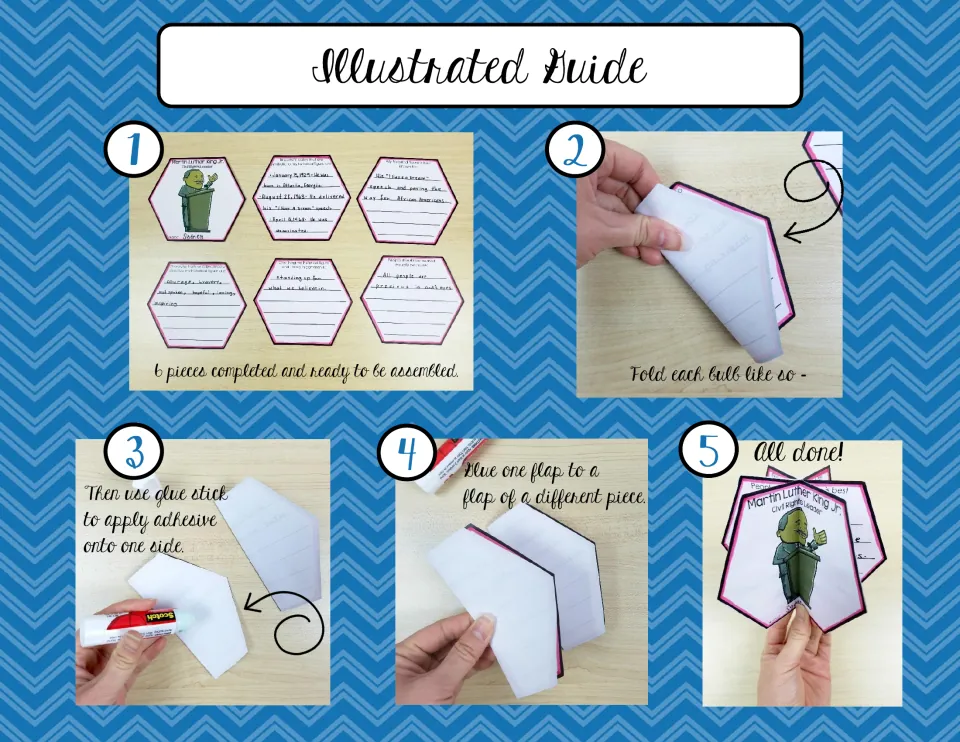 Illustrated ornament assembly guide shows six completed pieces, folding, applying glue, and the finished craft.