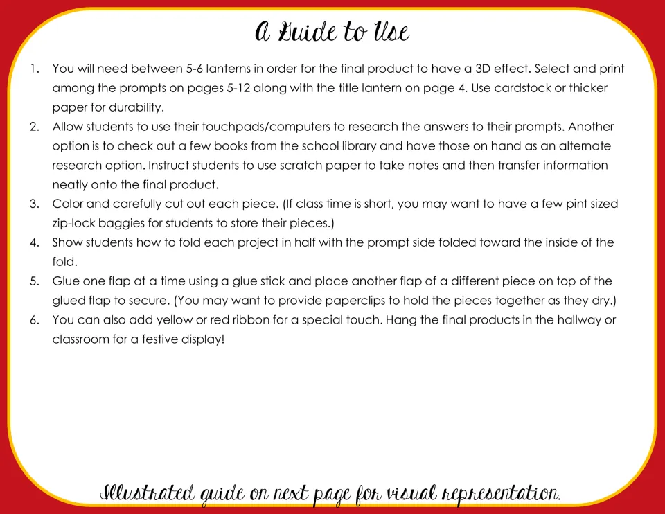 A Guide to Use: six steps for printing 5-6 lantern prompts, researching answers, coloring, cutting, folding and gluing