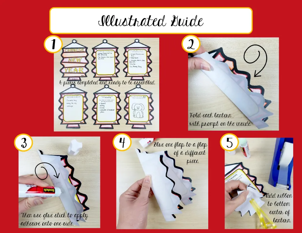 Illustrated Guide: five photo steps showing six finished lantern pieces, folding, gluing flaps together and adding ribbon