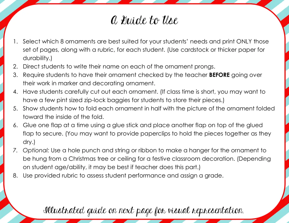 A Guide to Use: eight teacher steps to print, check, cut, fold and glue ornament pieces, then hang and grade with a rubric