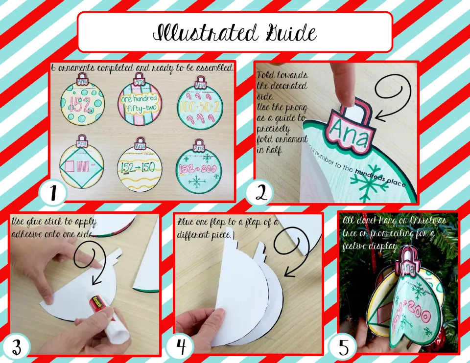 Illustrated Guide: five photo steps showing six finished pieces, folding in half at the prong, gluing flaps and hanging it
