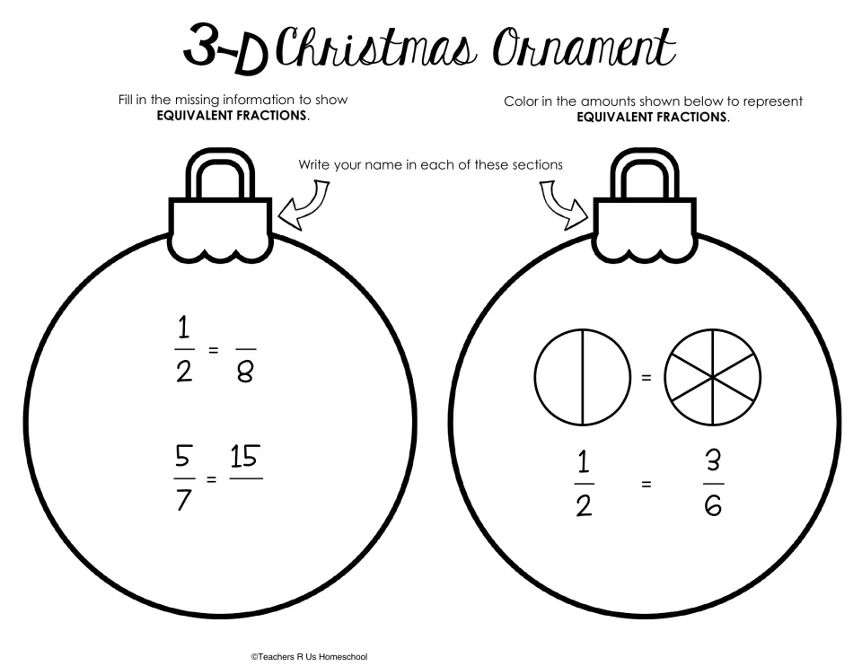 Equivalent fractions cut-out pieces: students fill in 1/2 = ?/8 and 5/7 = 15/? and color circles to show 1/2 = 3/6