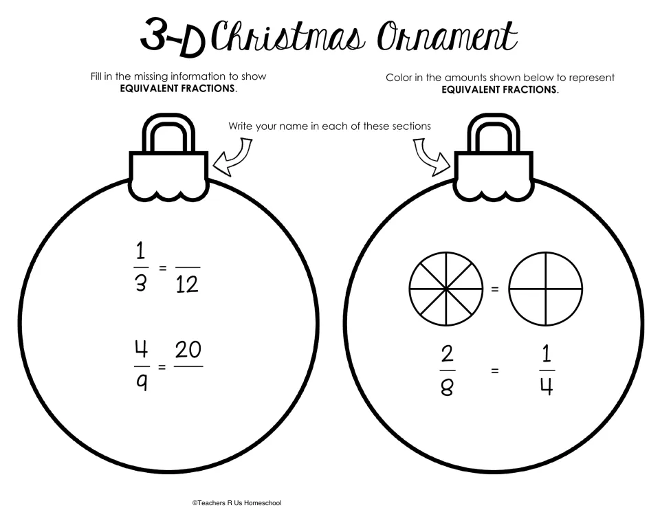 Equivalent fractions cut-out pieces: students complete 1/3 = ?/12 and 4/9 = 20/? and shade circles to model 2/8 = 1/4