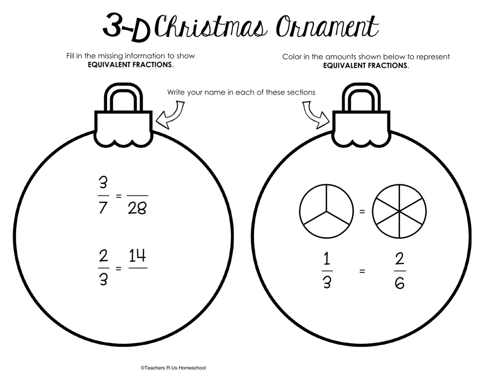 Equivalent fractions cut-out pieces: students complete 3/7 = ?/28 and 2/3 = 14/? and shade circles to model 1/3 = 2/6