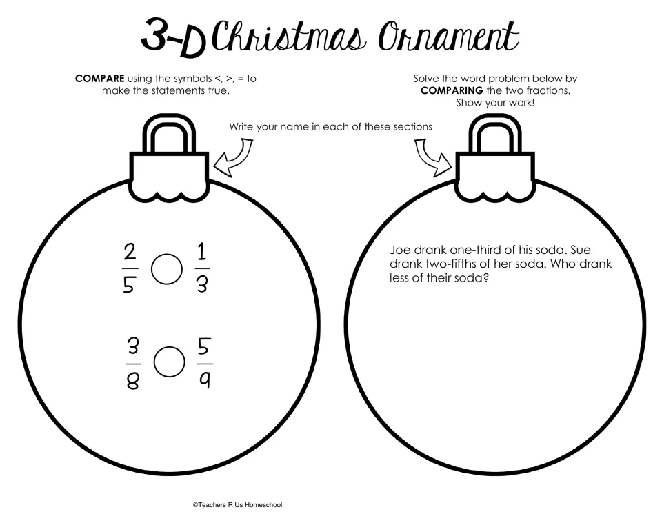 Comparing fractions cut-out pieces: students write <, > or = for 2/5 and 1/3, 3/8 and 5/9, then solve who drank less soda