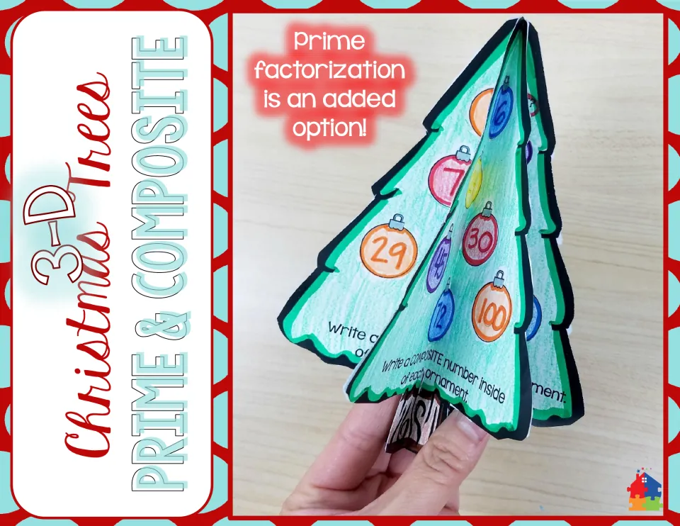 Cover of the prime and composite tree craft showing an assembled 3D tree and a prime factorization option