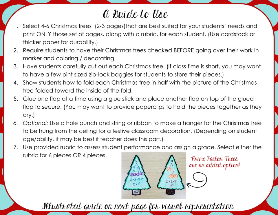 Assembly directions for selecting 4–6 trees, checking math, decorating, cutting, folding, and gluing