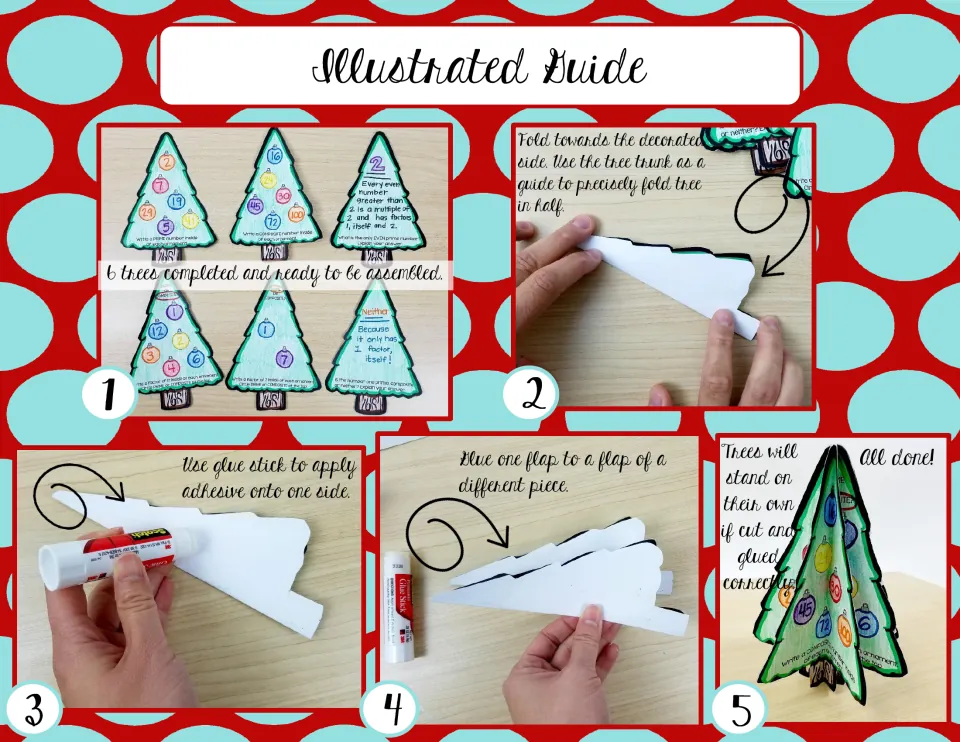 Illustrated assembly guide shows completed math trees, folding inward, applying glue, and joining pieces