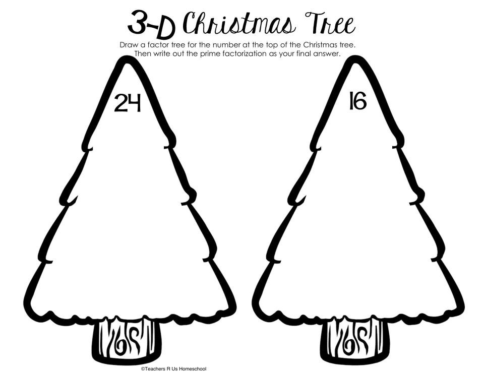 Tree craft templates for 24 and 16 ask students to draw factor trees and write the prime factorization