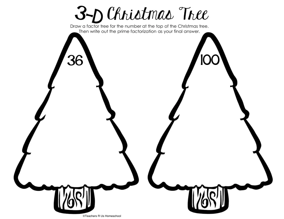 Tree craft templates for 36 and 100 ask students to draw factor trees and write the prime factorization
