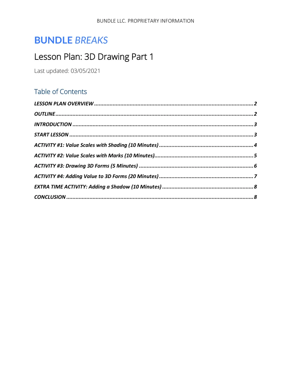 Lesson plan cover and contents listing value scales, drawing 3D forms, adding value, and a shadow activity