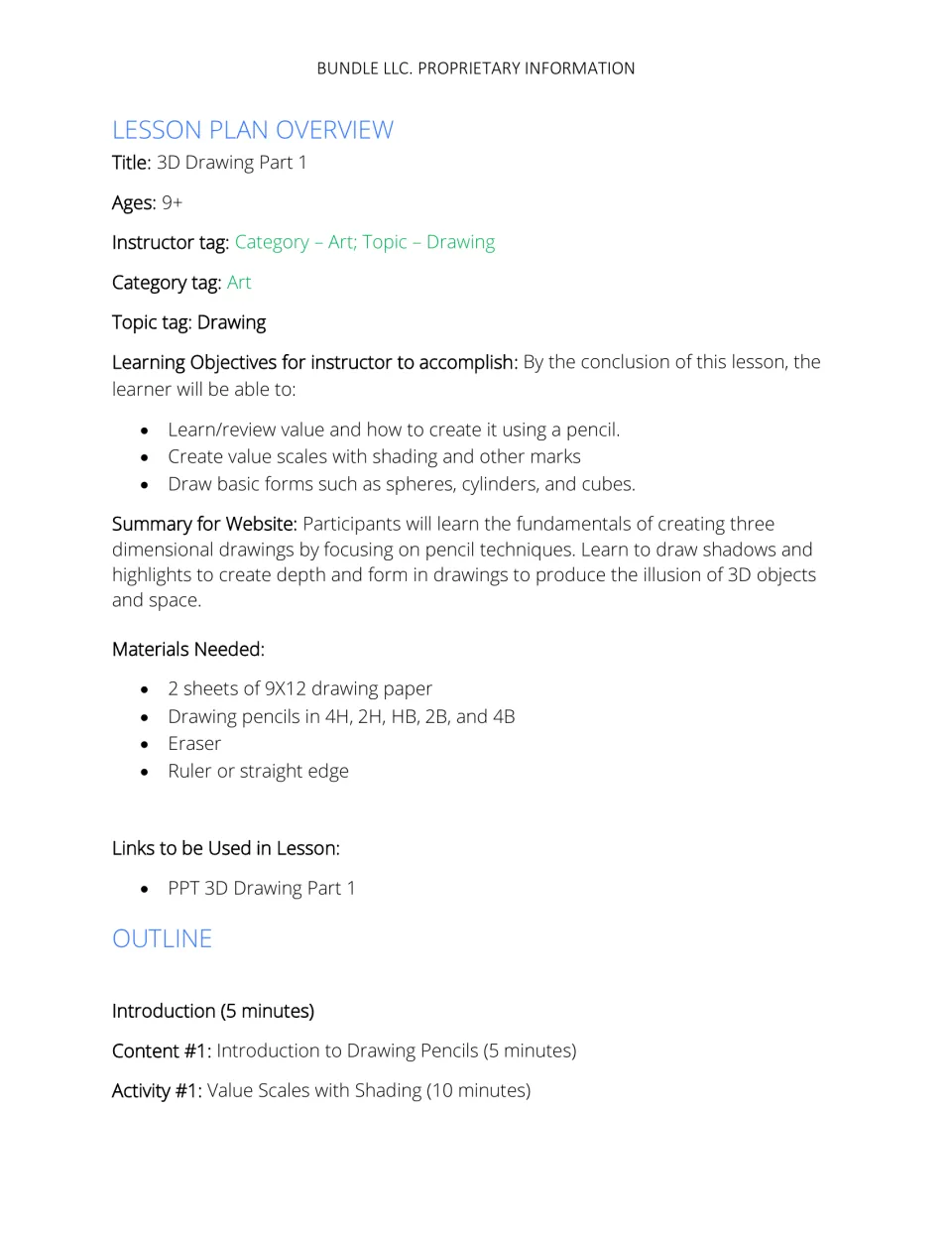 Lesson overview lists objectives, ages 9+, drawing paper, five pencil grades, an eraser, and a ruler