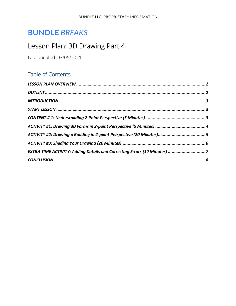 Lesson plan contents list two-point perspective instruction, three drawing activities, and an extra-time task.