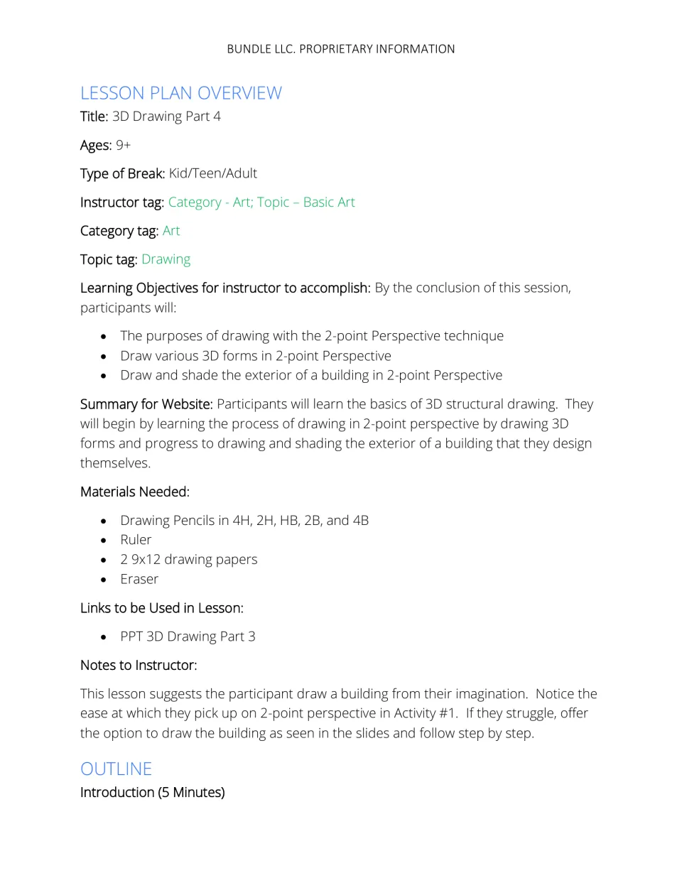 Lesson overview lists ages 9+, drawing objectives, pencil grades, supplies, and guidance for building designs.