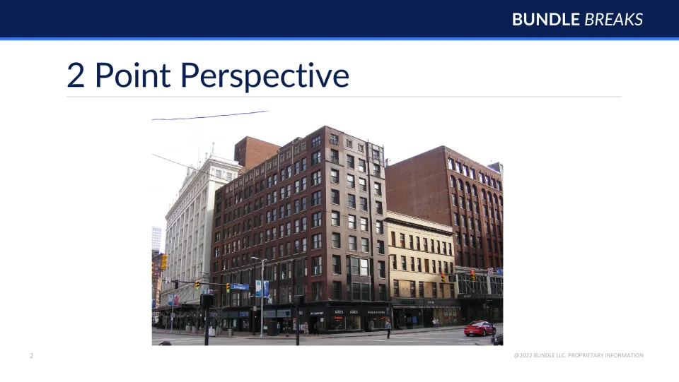 Two-point perspective slide uses a street-corner building photograph to illustrate the lesson's corner view.