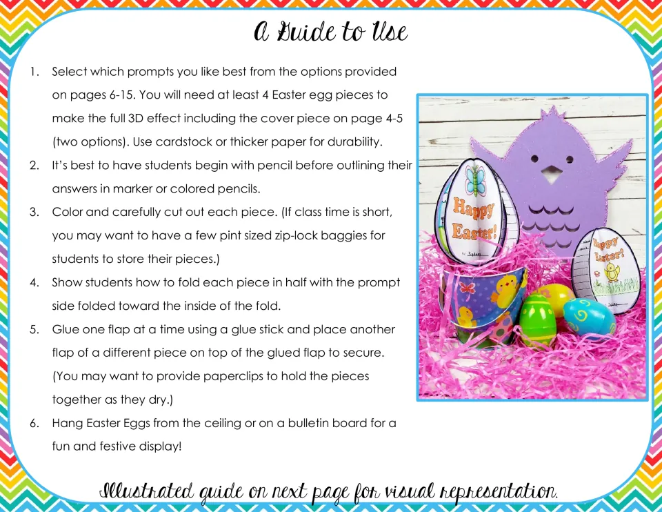 Easter egg craft directions explain choosing prompts, writing, coloring, cutting, folding, gluing and displaying.