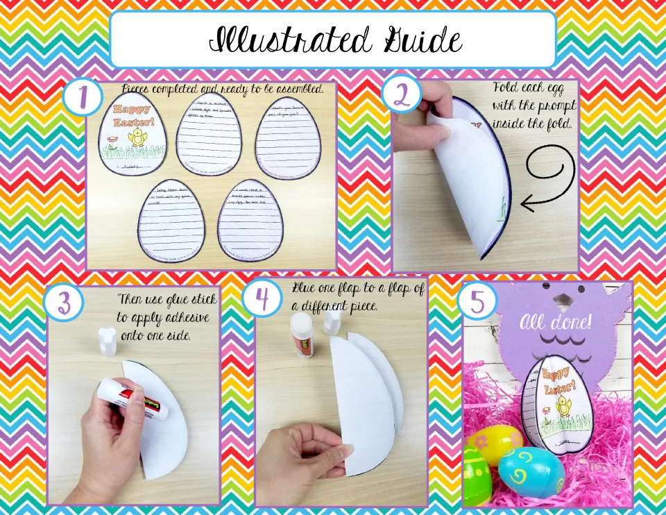 Illustrated egg craft guide shows completed pieces, folding prompts inward, applying glue and joining pieces.