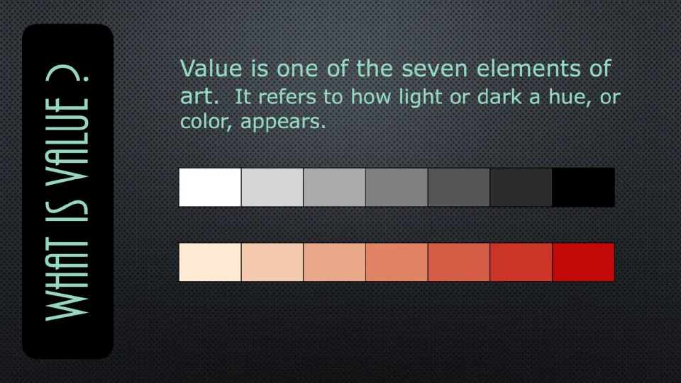 Value introduction defining how light or dark a color is, illustrated by grayscale and red value scales