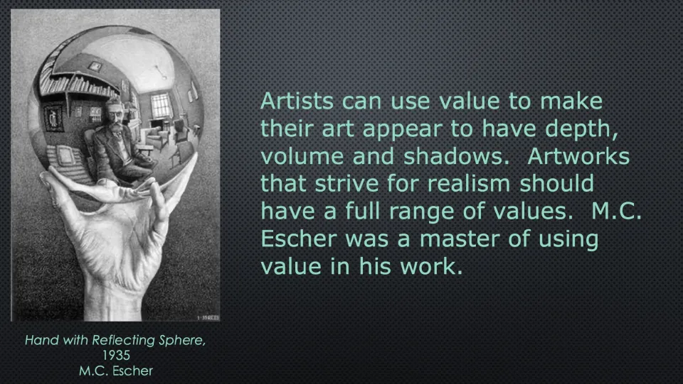 Value lesson using M.C. Escher's Hand with Reflecting Sphere to explain depth, volume, shadows, and realism