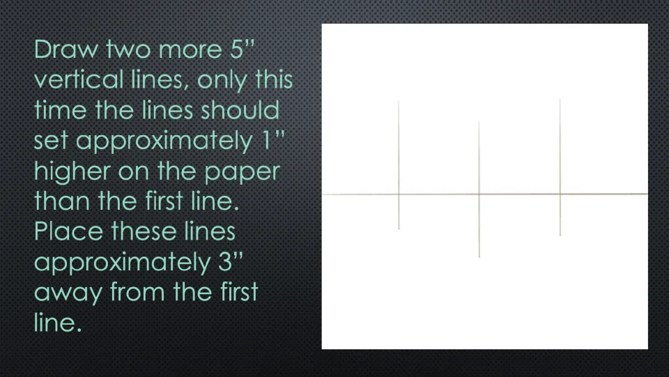 Cube drawing step: add two 5-inch vertical lines about 1 inch higher and 3 inches from the first line