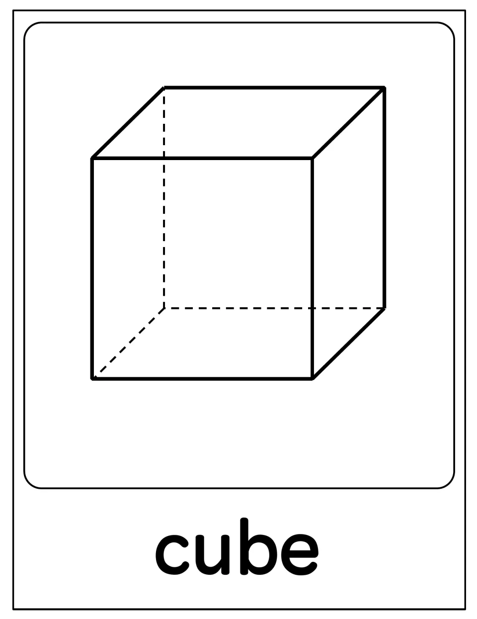 Cube poster: black outline drawing of a cube with its hidden back edges dashed, named with the word cube beneath it