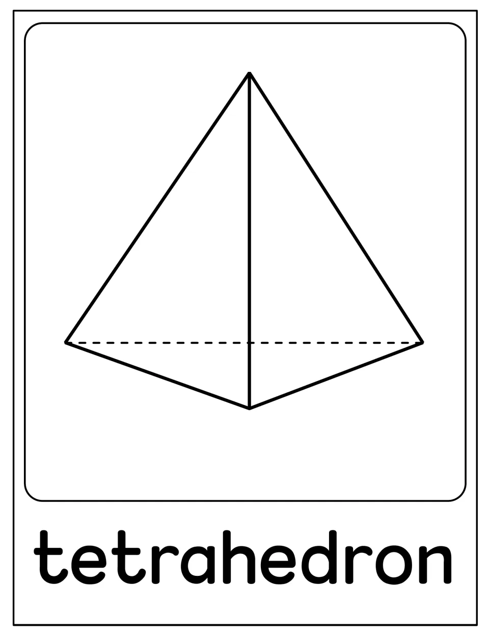 Tetrahedron poster: outline drawing of a solid with four triangular faces, hidden base edge dashed, labeled tetrahedron