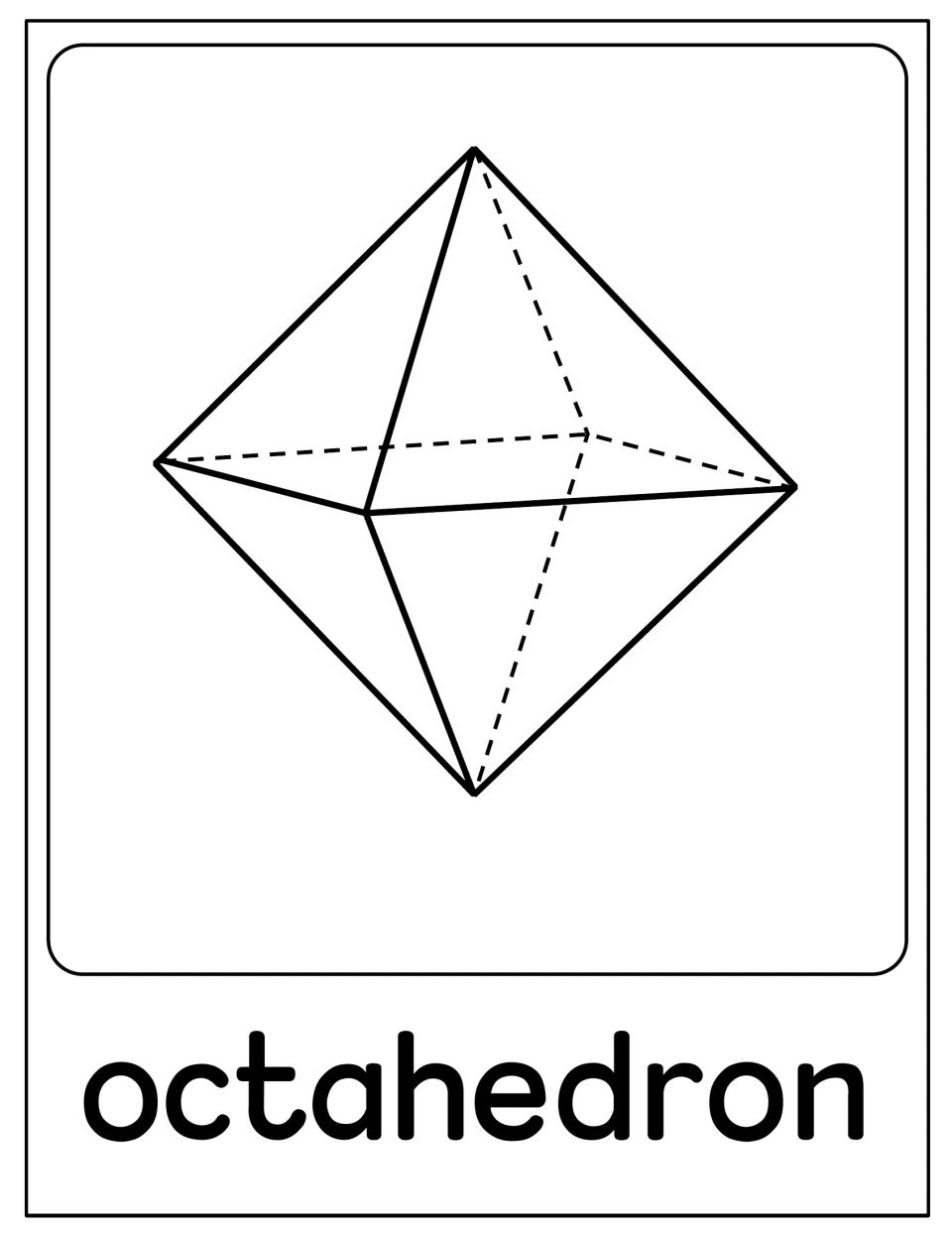 Octahedron poster: outline drawing of a solid shaped like two pyramids joined at their bases, hidden edges dashed, named