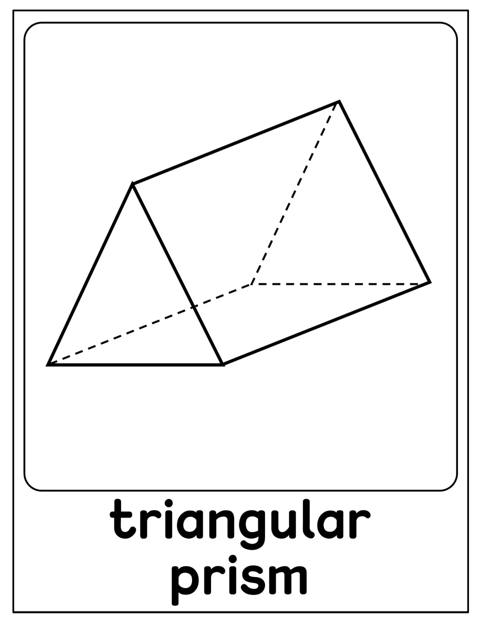 Triangular prism poster: outline drawing of a prism with triangle ends joined by rectangular sides, hidden edges dashed
