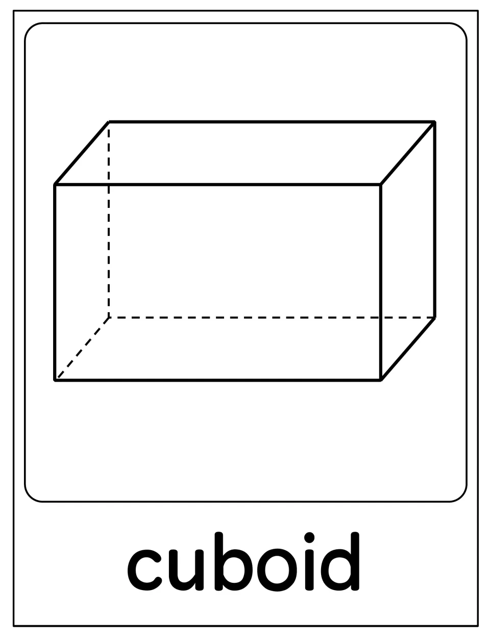 Cuboid poster: outline drawing of a long box-shaped solid with rectangular faces and dashed hidden edges, labeled cuboid