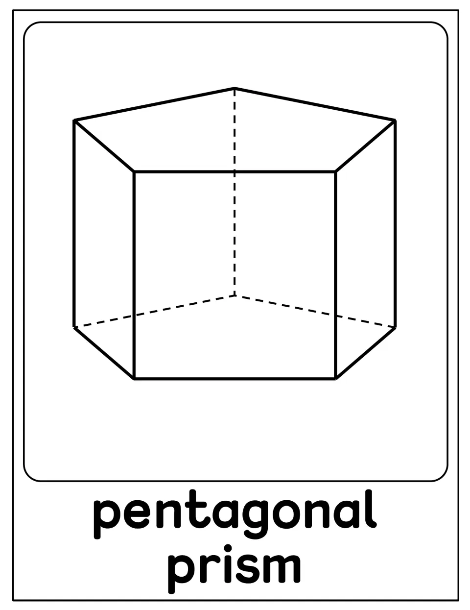Pentagonal prism poster: outline drawing of a prism with five-sided ends and dashed hidden edges, labeled pentagonal prism
