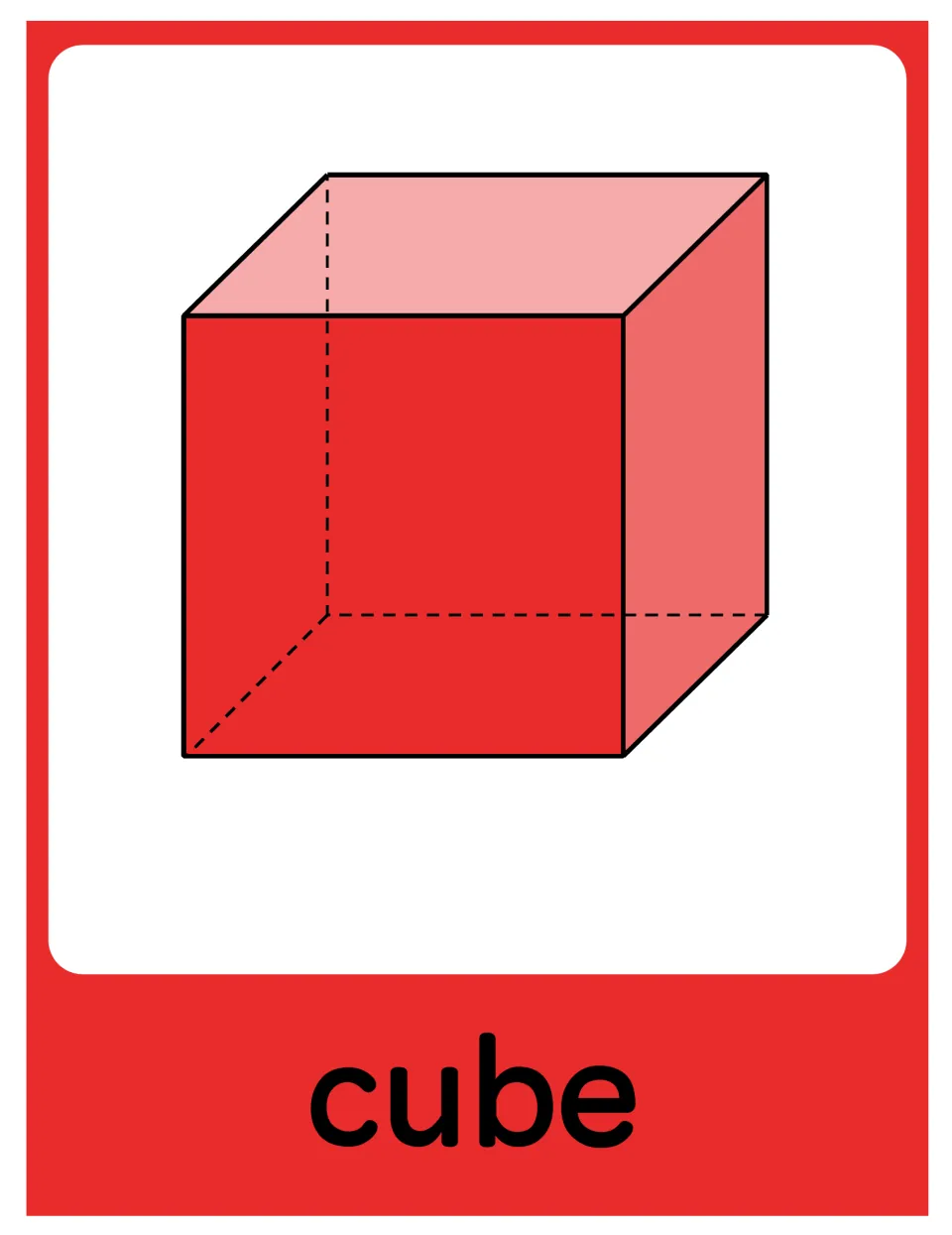 Cube poster in the geometry set, showing a red solid labeled 'cube' with dashed edges for hidden sides