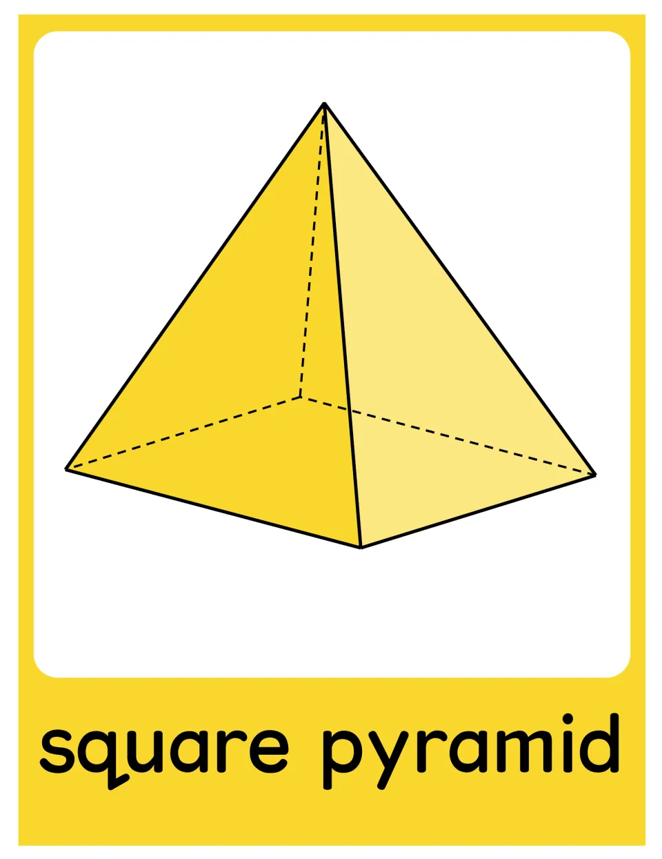 Square pyramid poster in the geometry set, showing a yellow solid labeled 'square pyramid' with hidden edges