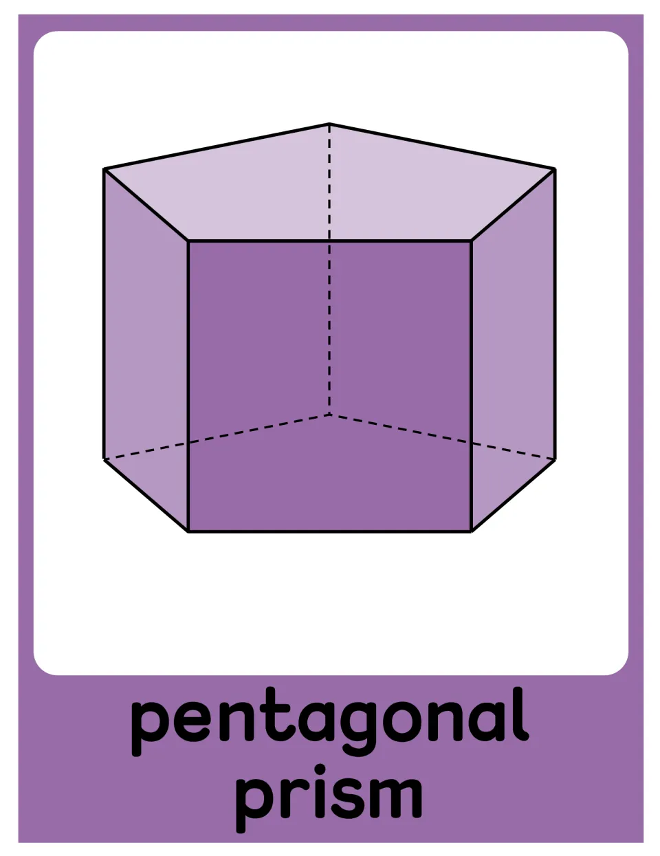 Pentagonal prism poster in the geometry set, showing a purple solid labeled 'pentagonal prism'