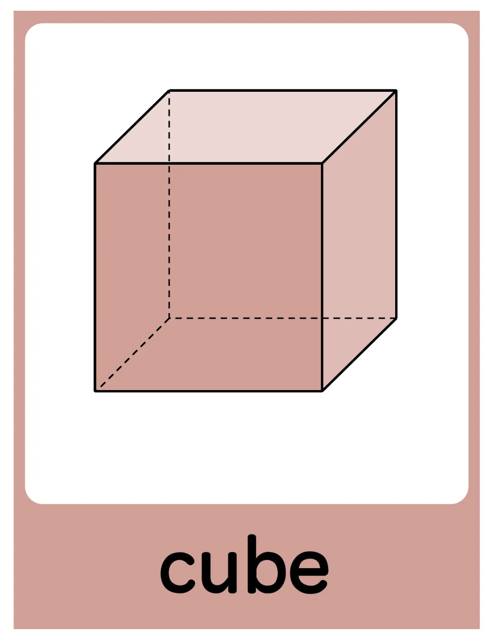 Cube poster in the 3D object set, showing a labeled solid with square faces and dashed hidden edges