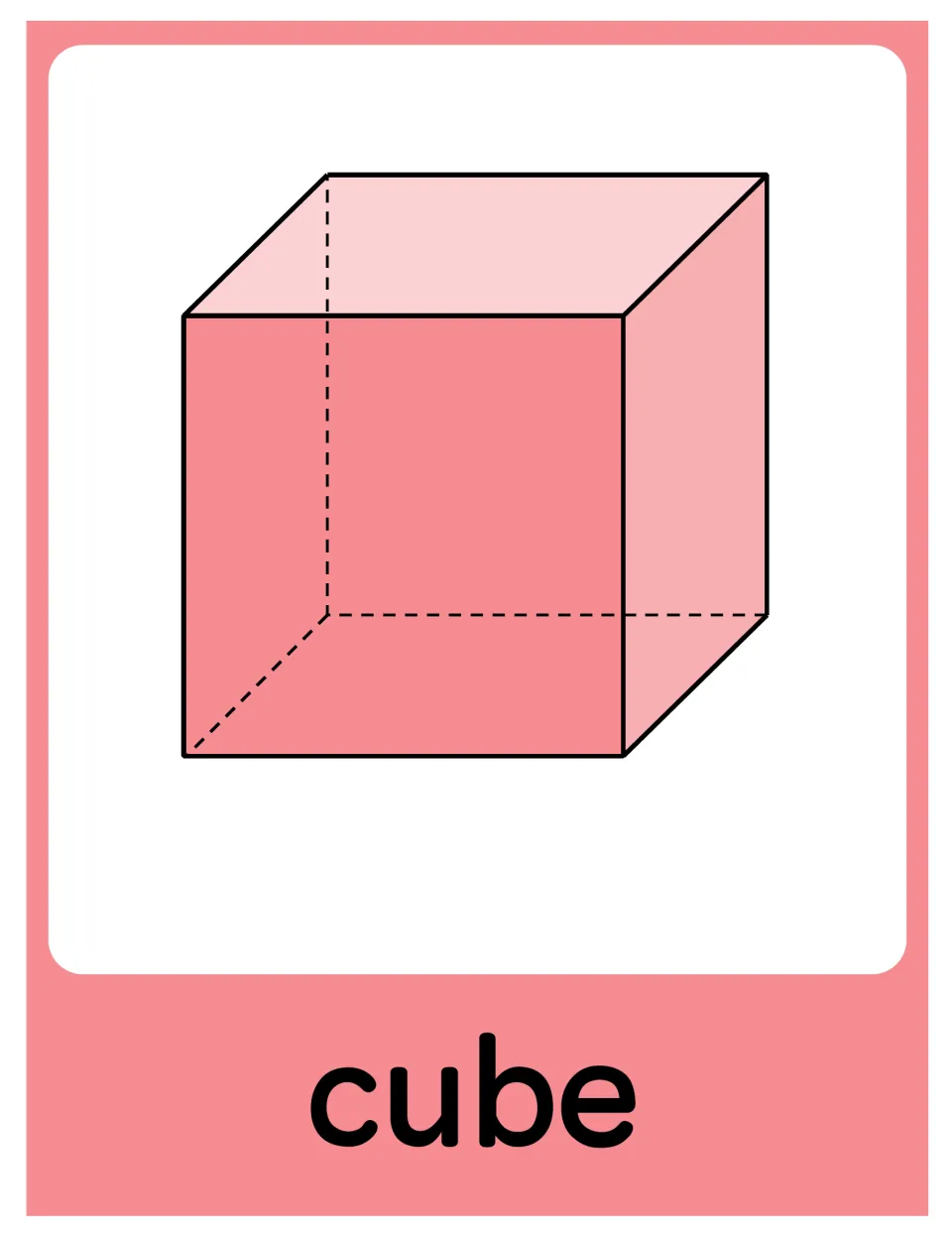 Cube poster in the 3D object set, showing a pink cube diagram labeled 'cube' for classroom math display