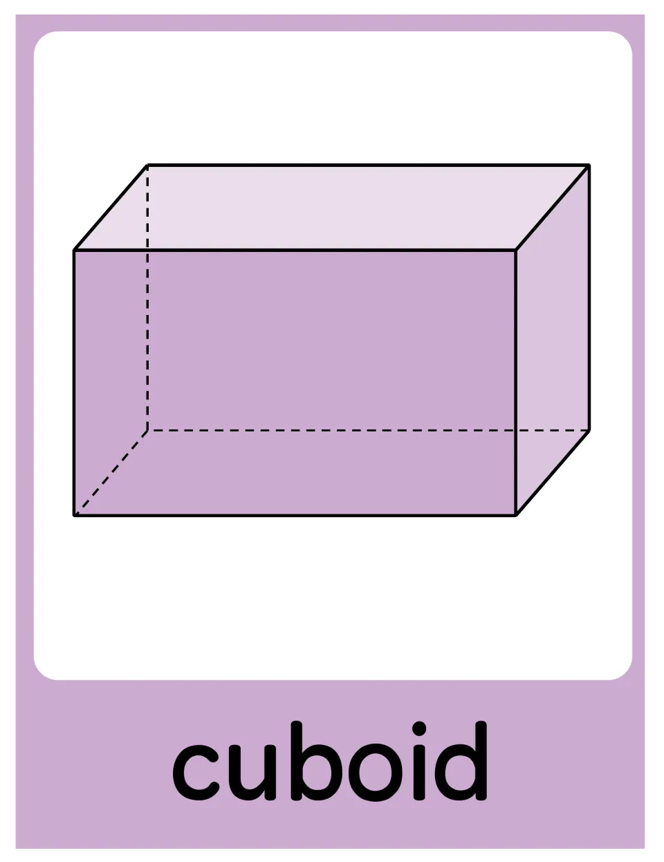 Cuboid poster in the 3D object set, showing a purple rectangular prism diagram with the label 'cuboid'