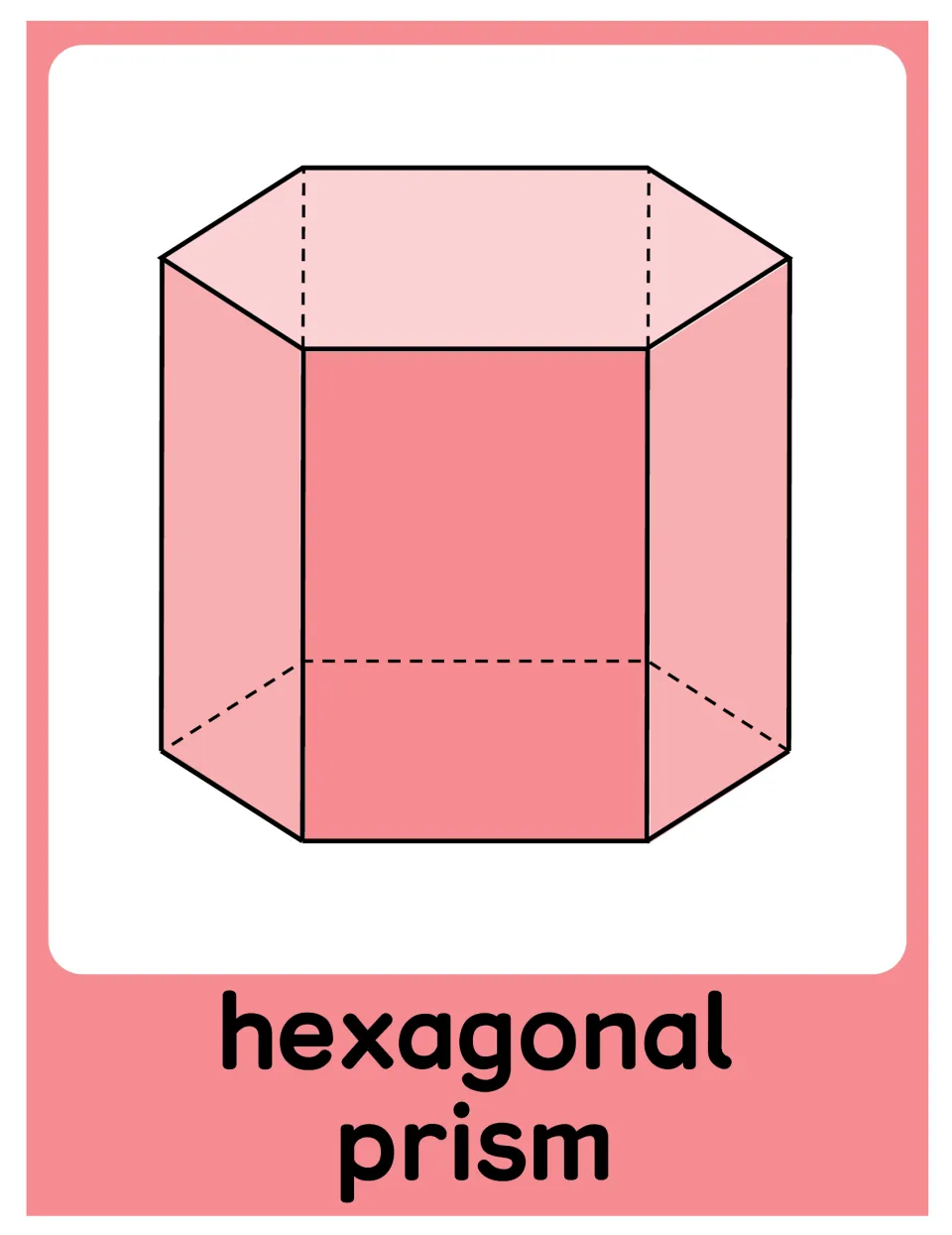 Hexagonal prism poster in the 3D object set, showing a coral prism diagram labeled 'hexagonal prism'