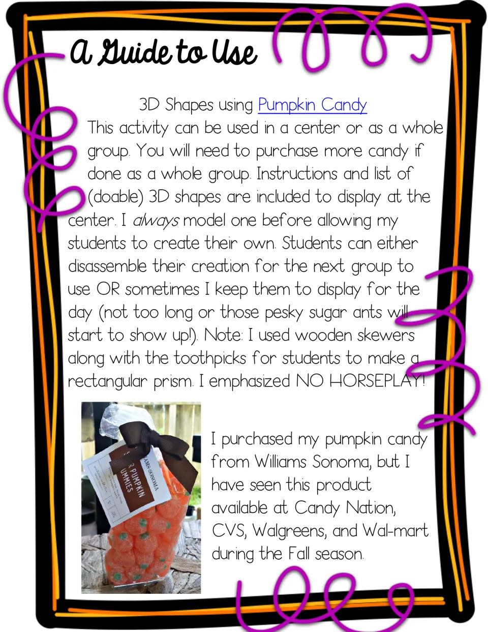Teacher guide for 3D shapes with pumpkin candy: center or whole-group use, modeling, cleanup, and where to buy the candy