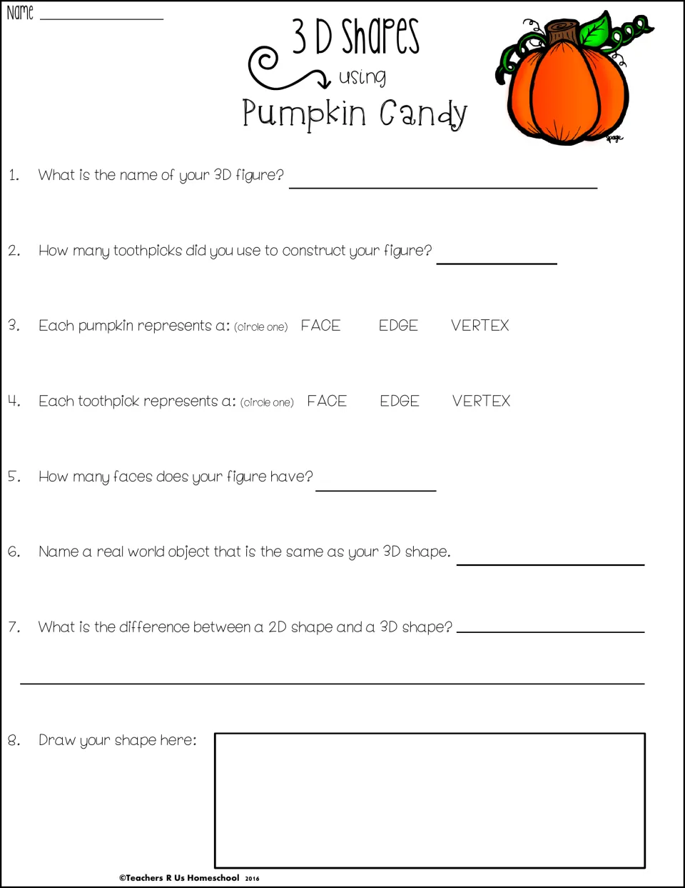 3D shapes recording sheet: students name their figure, count toothpicks, circle face, edge or vertex, and draw the shape
