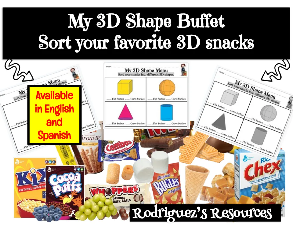 My 3D Shape Buffet cover: sort favorite 3D snacks such as cereal, marshmallows and cones; English and Spanish menu sheets
