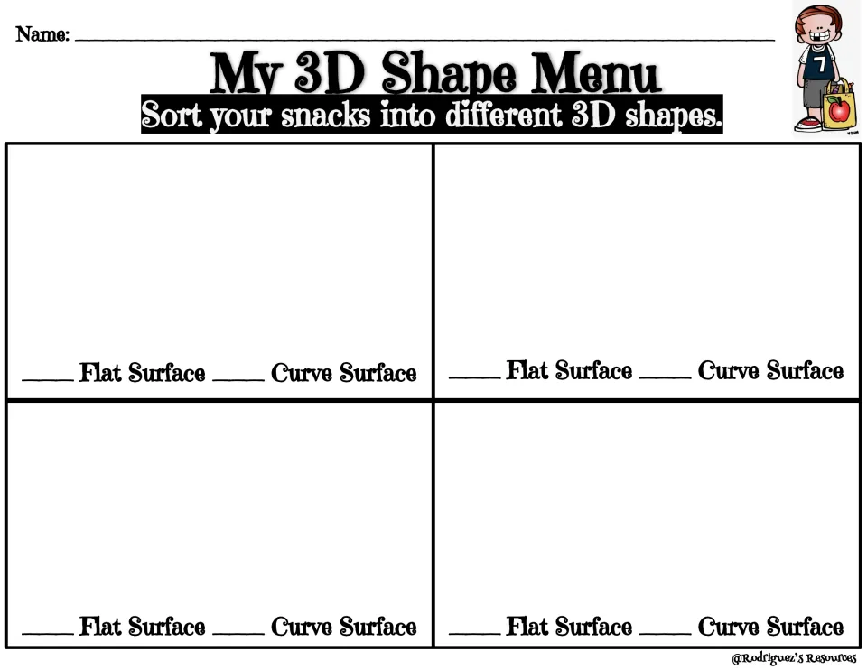 My 3D Shape Menu, blank English version: students sort snacks into four 3D shapes and mark flat or curve surface for each