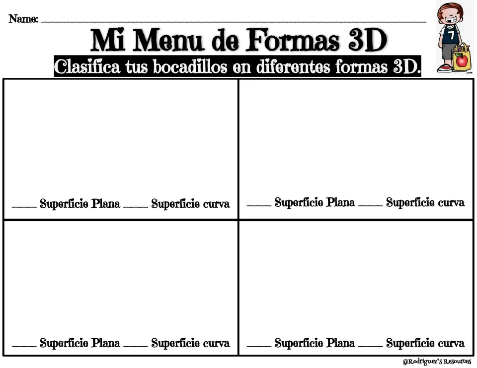 Mi Menu de Formas 3D, blank Spanish version: students sort snacks into four 3D shapes and mark superficie plana or curva