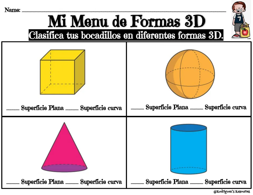 Spanish 3D shape menu in color: students classify snacks by cube, sphere, cone and cylinder, marking plana or curva