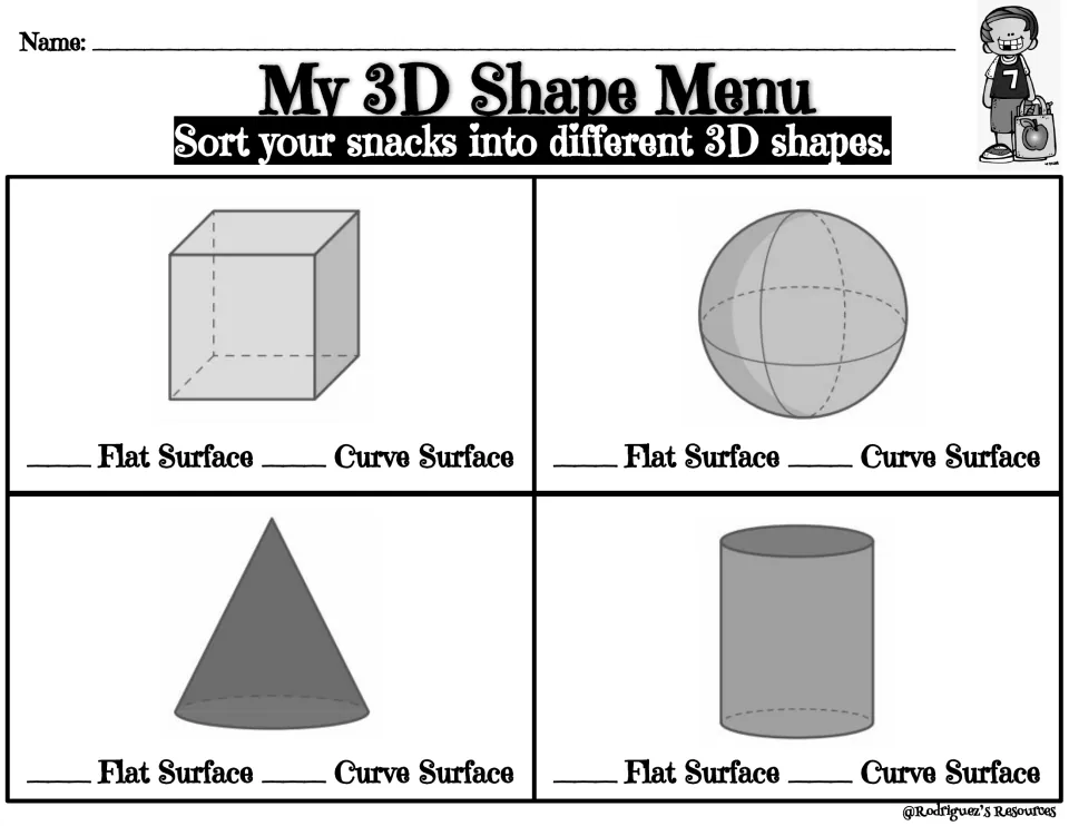 Grayscale English 3D shape menu: sort snacks by cube, sphere, cone and cylinder, then record flat or curve surfaces